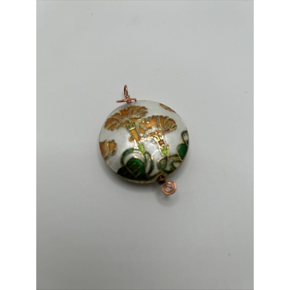 Vintage Chinese Cloisonne Pendant Floral  Daffodil White Yellow 2” Round